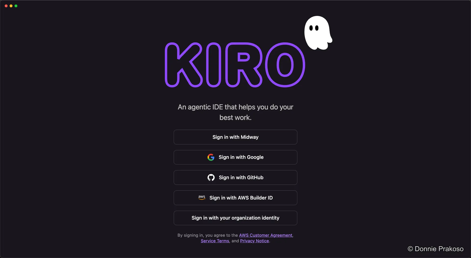 Kiro welcome screen showing sign-in options including AWS Builder ID