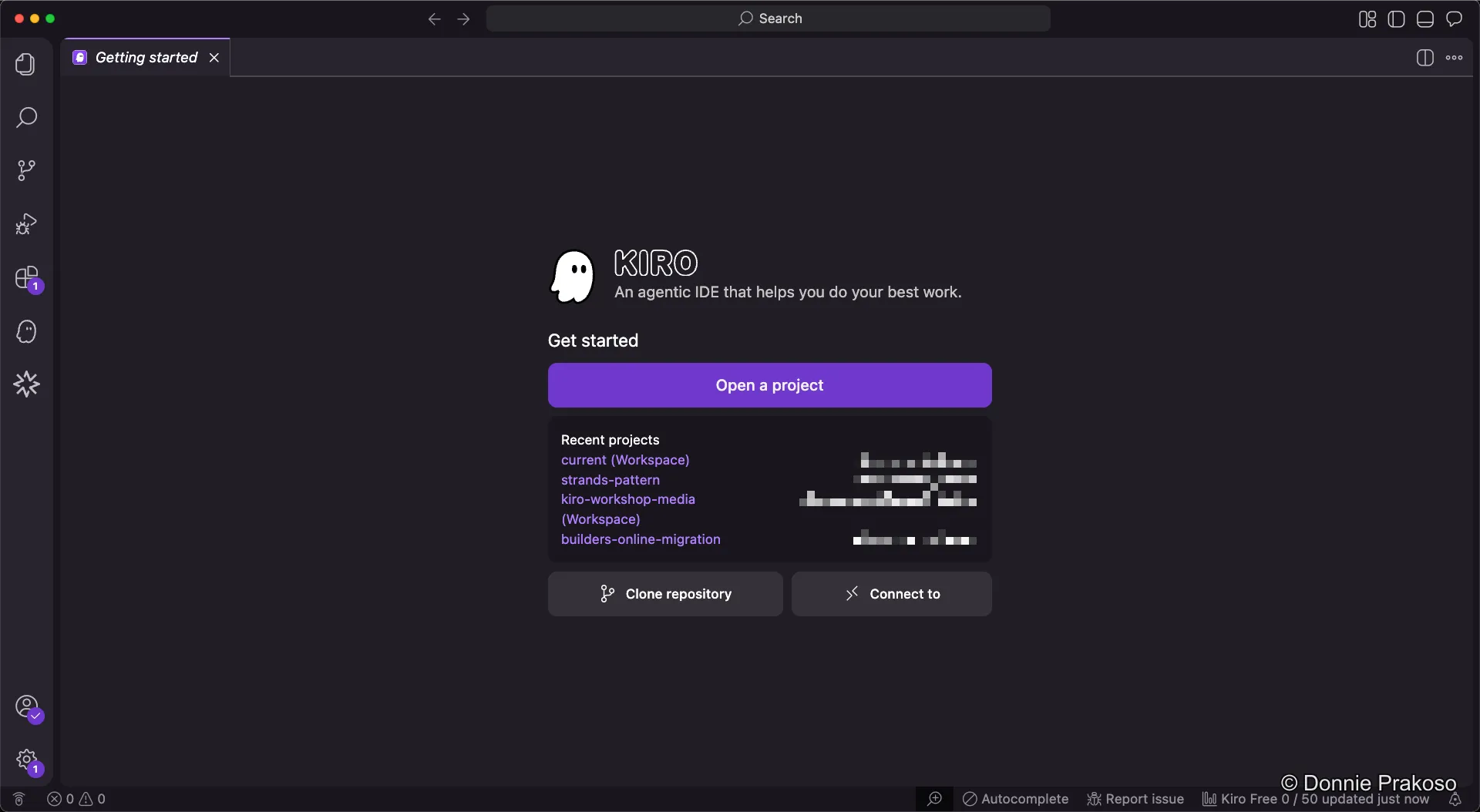 Kiro getting started screen showing Open Project, Clone Repository, and SSH options