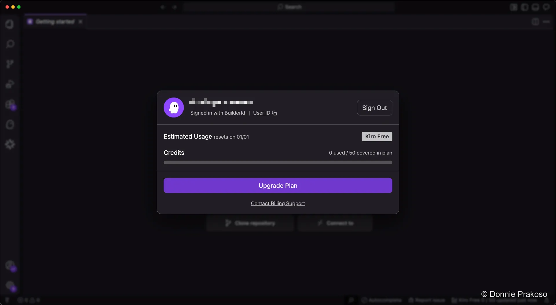 Kiro accounts panel showing usage and credit information