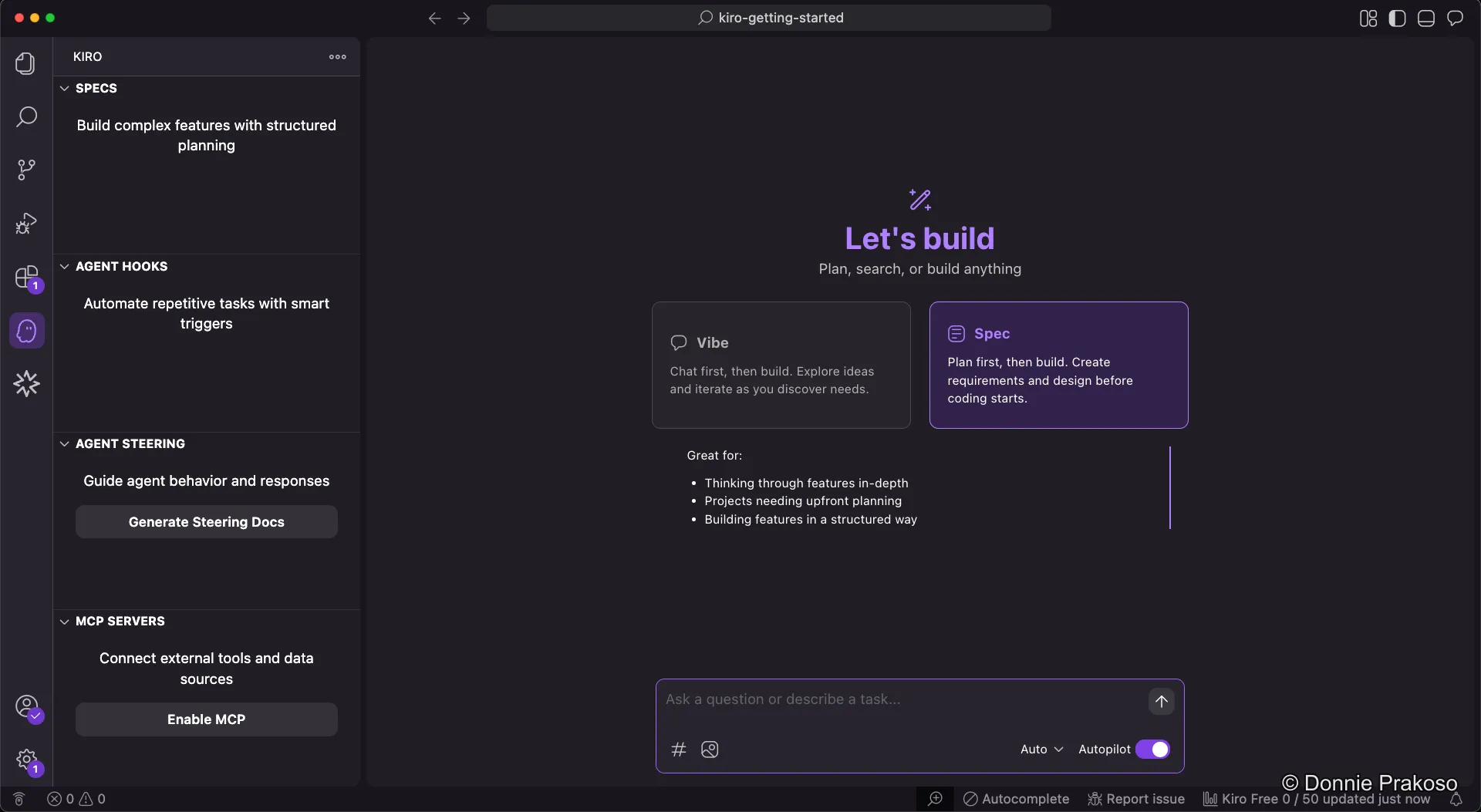 Kiro showing Spec and Vibe coding mode options