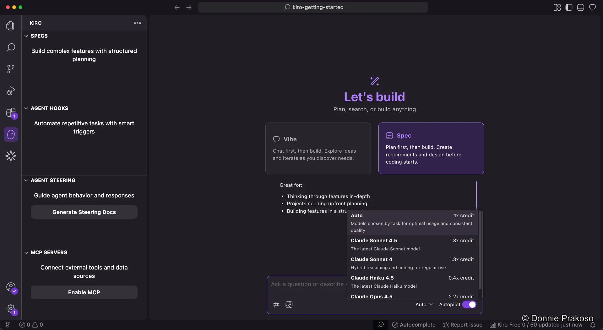 Model selection and Autopilot mode options in Kiro