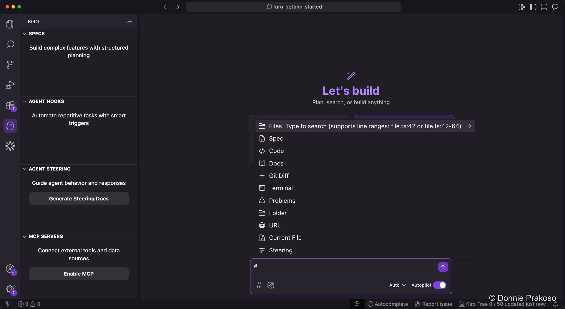 Kiro context menu showing supported context types