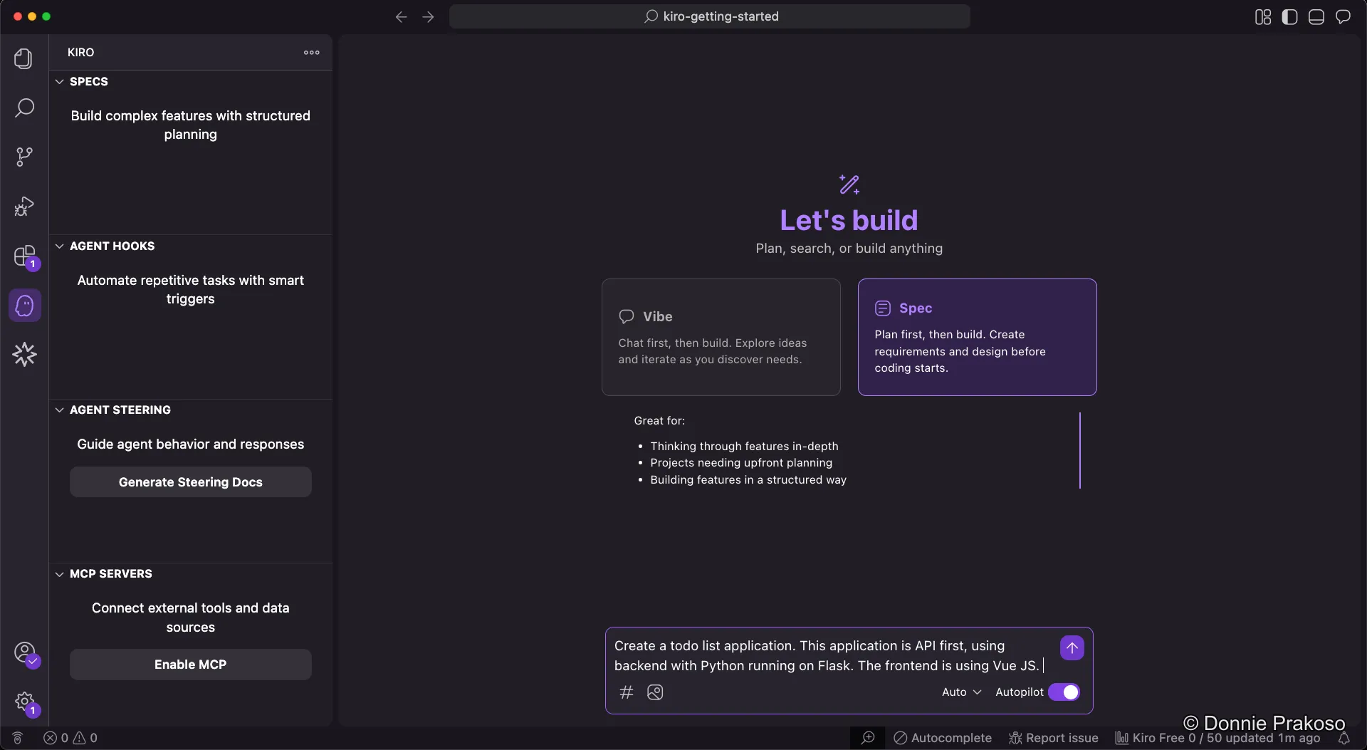Kiro chat with the todo list application prompt entered
