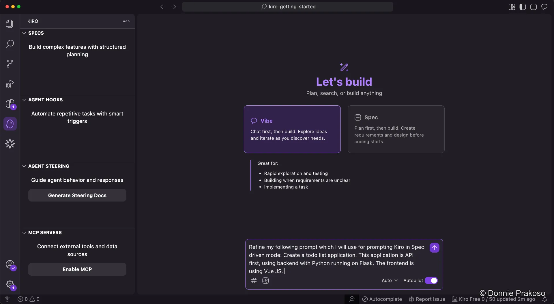 Selecting Vibe mode and entering the refinement prompt