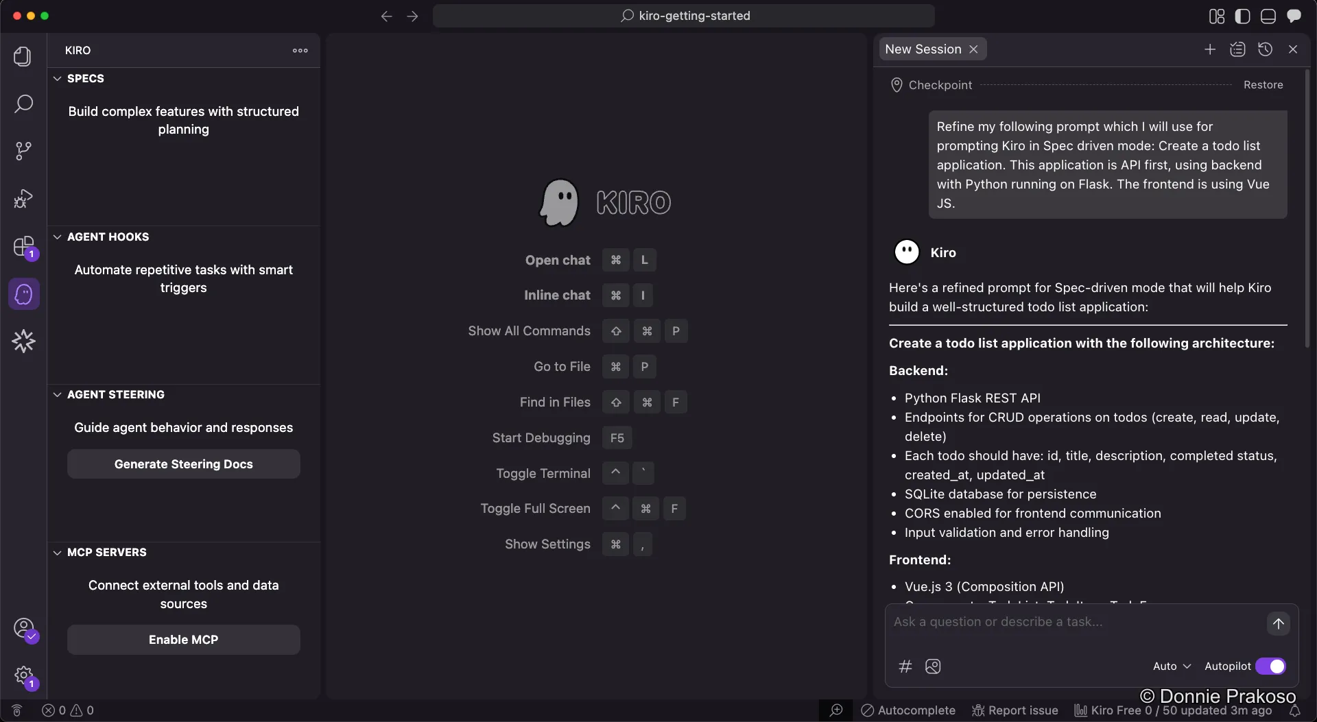 Kiro's refined prompt output with detailed architecture and feature specifications