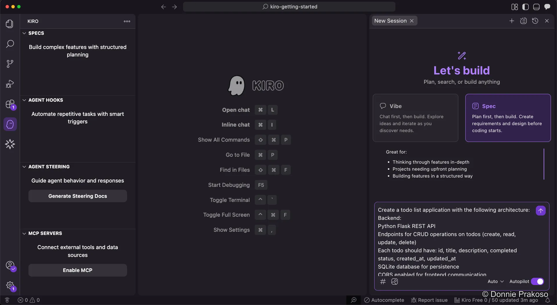 Switching to Spec mode and pasting the refined prompt