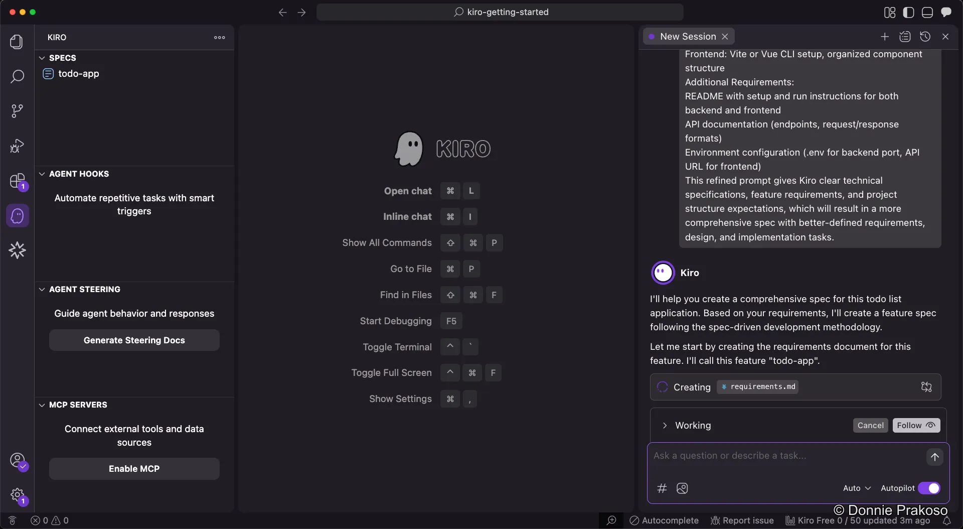 Kiro generating specs from the submitted prompt