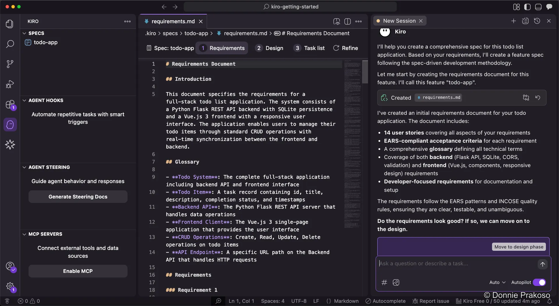 Requirements document with the three spec tabs visible