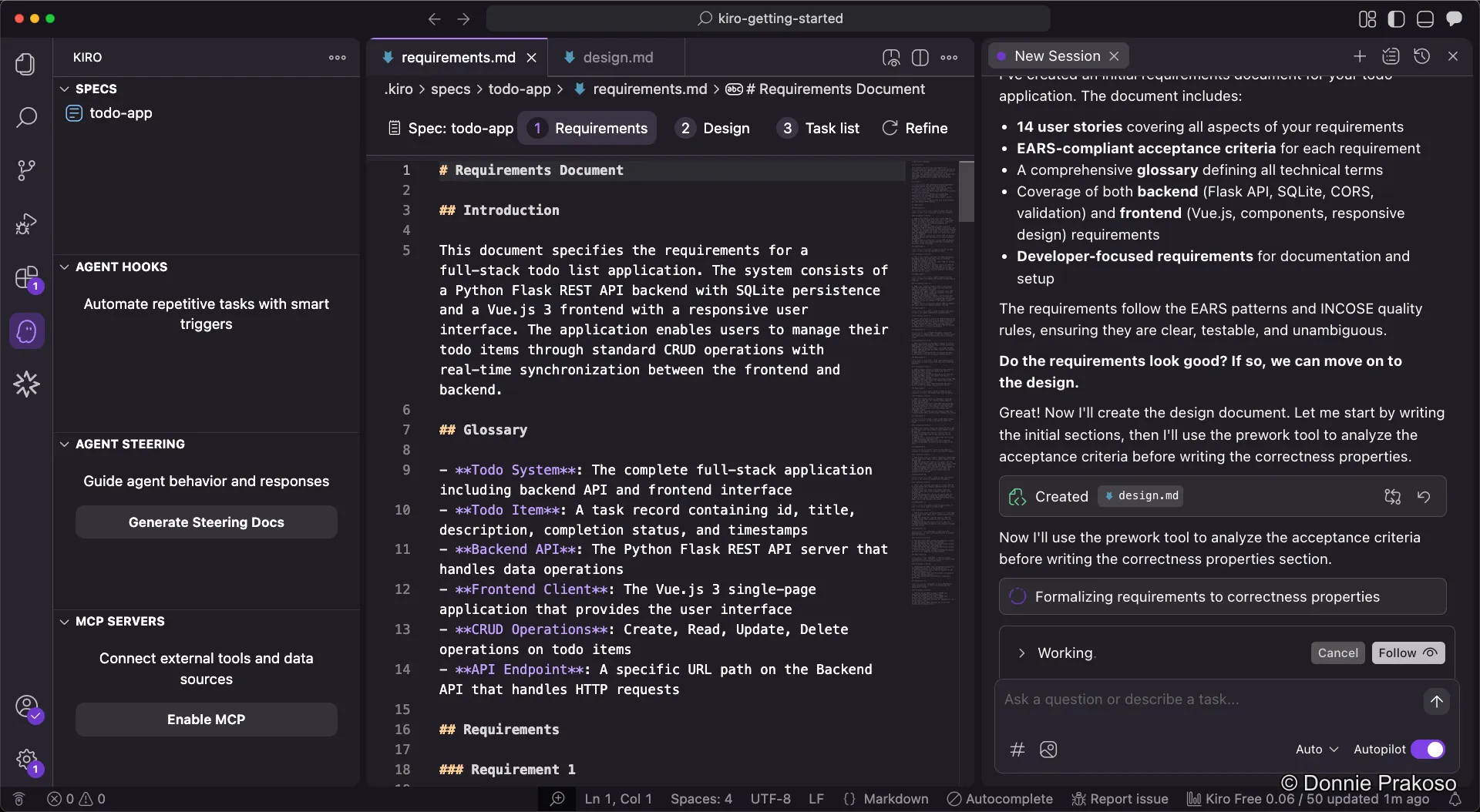 Kiro working on the design document and acceptance criteria