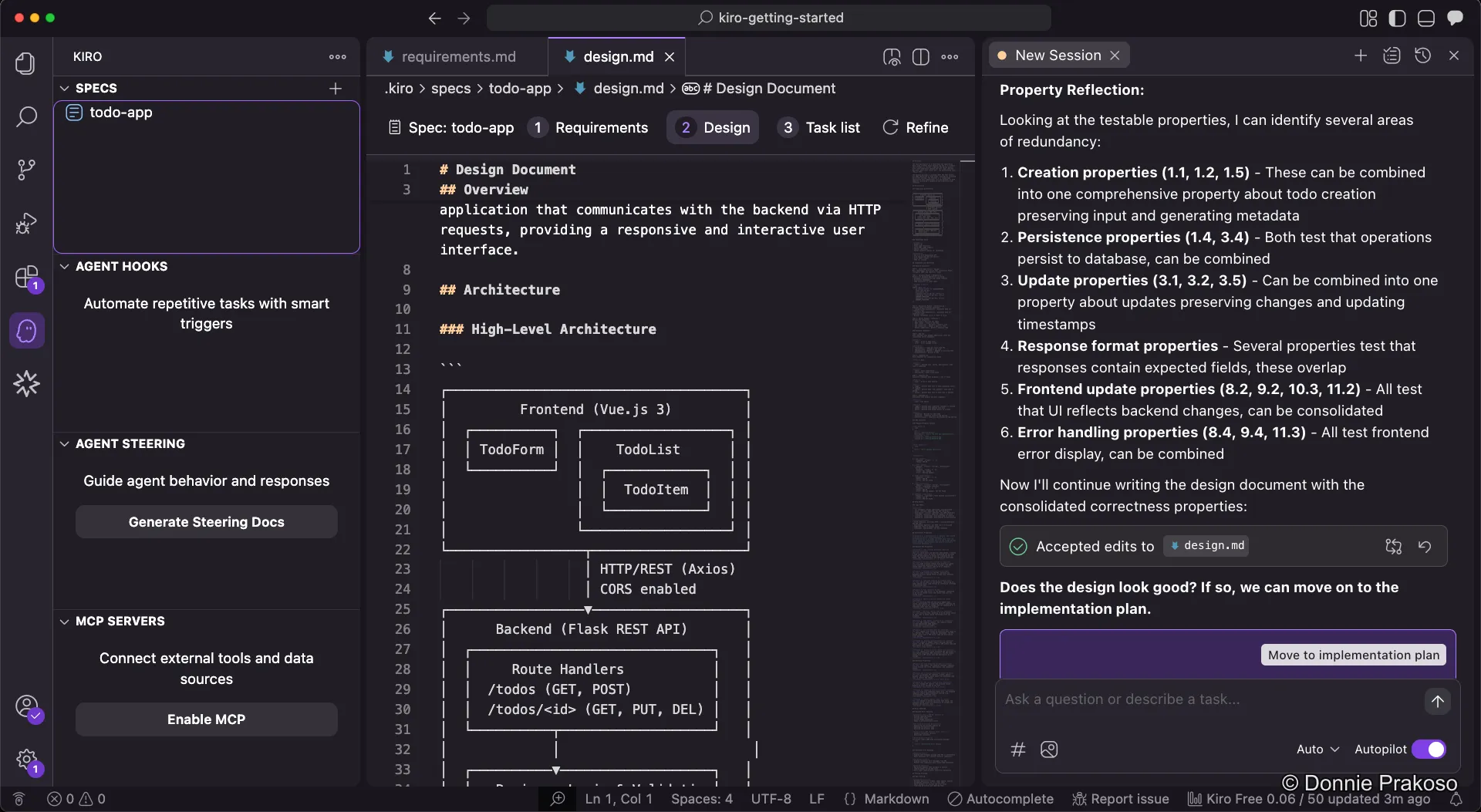 Moving to the implementation plan phase in Kiro