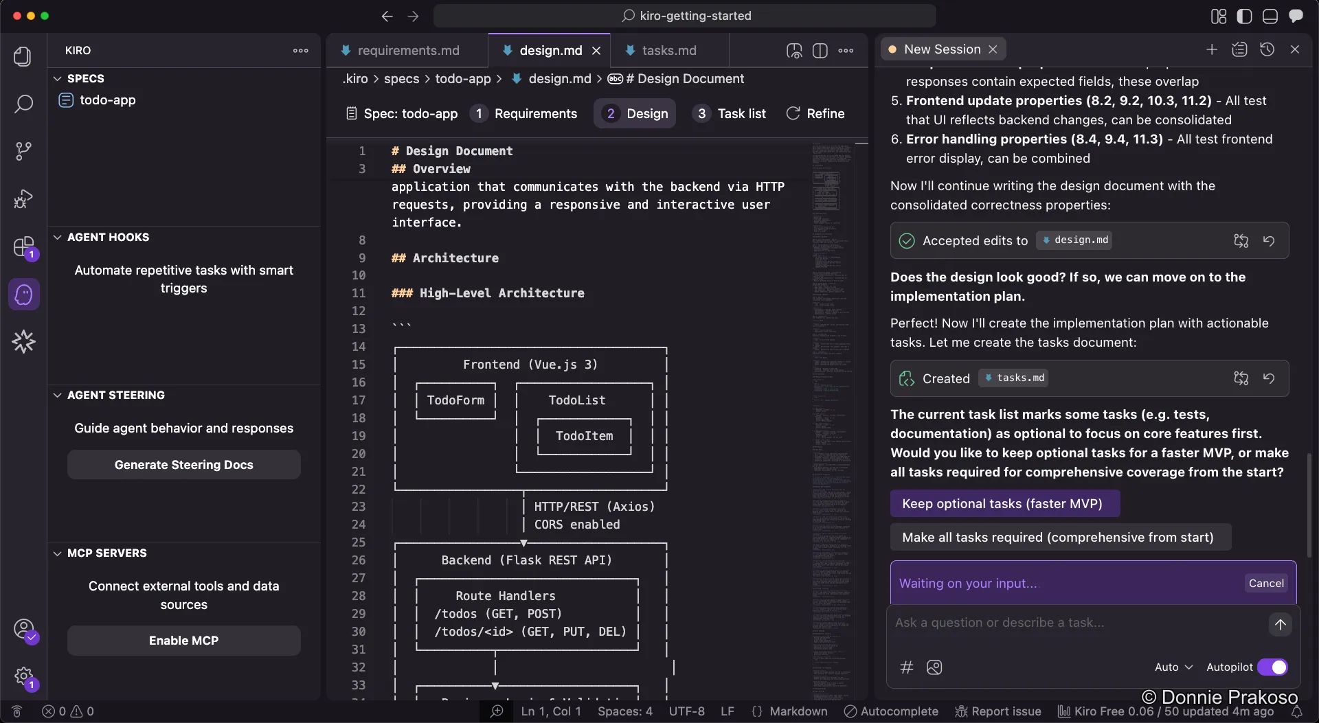 Kiro asking to choose between MVP and comprehensive testing