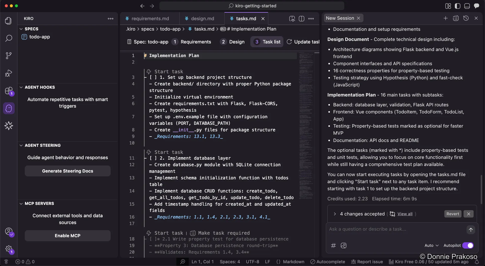Task list document showing structured tasks with dependencies and progress tracking