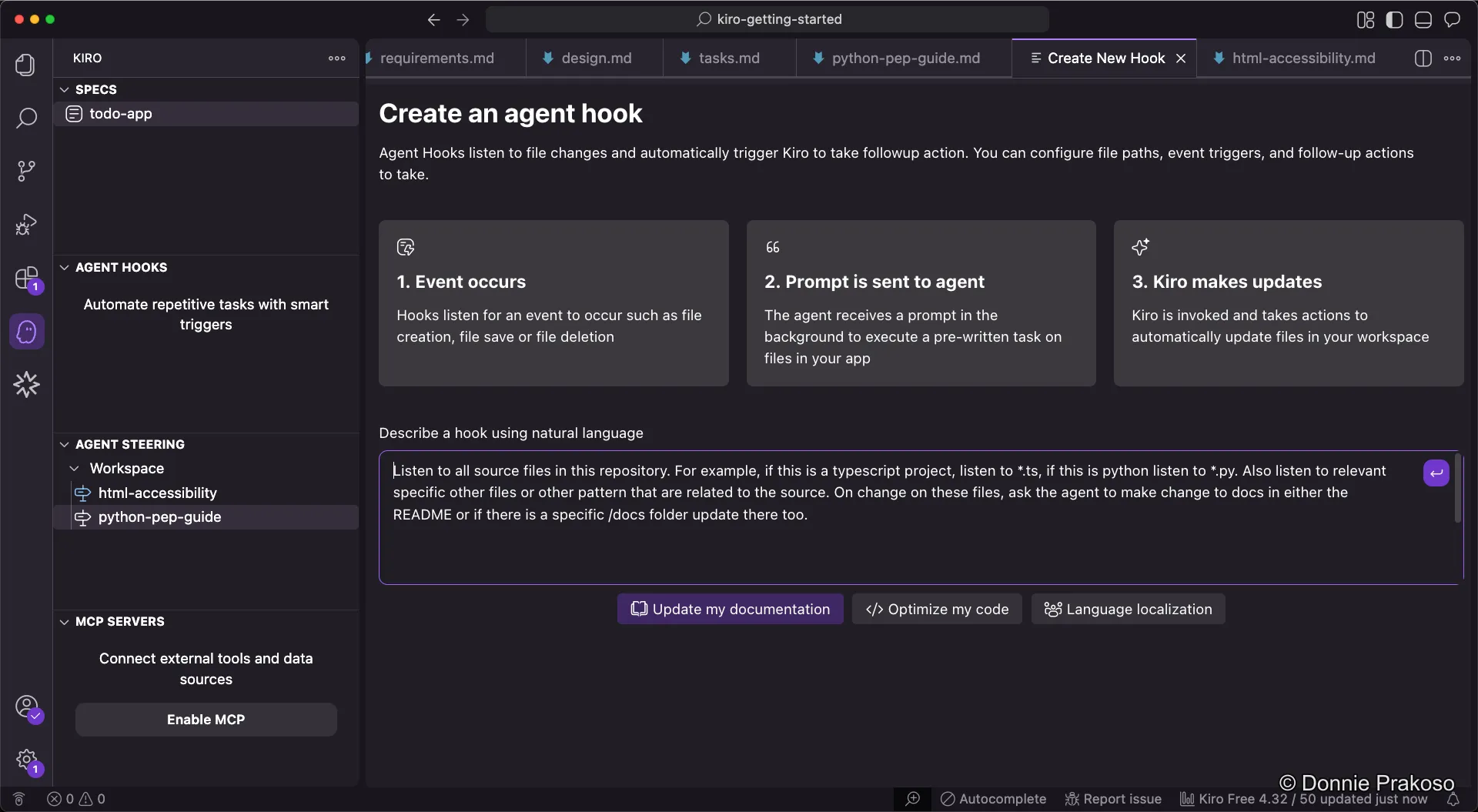 Agent hooks panel showing event configuration, prompt input, and predefined templates