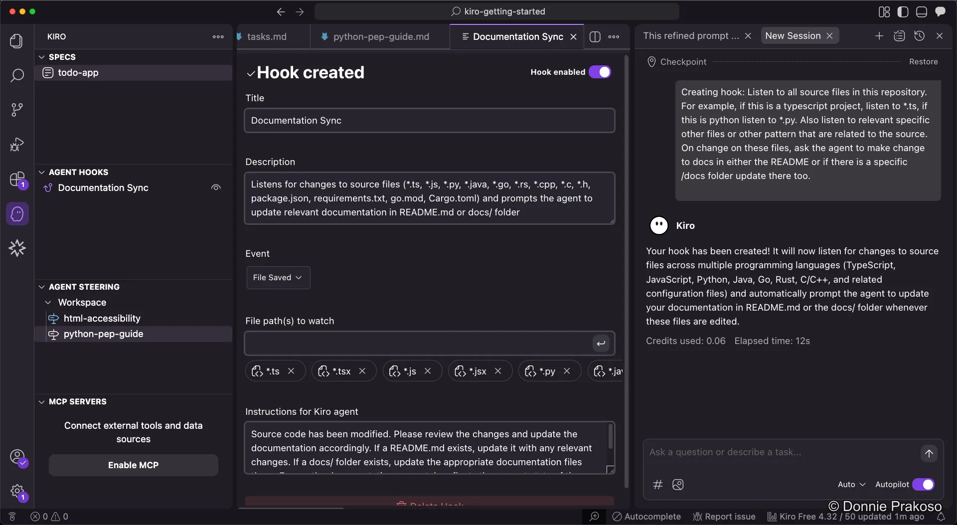Detailed agent hook configuration showing event, file path, and prompt fields