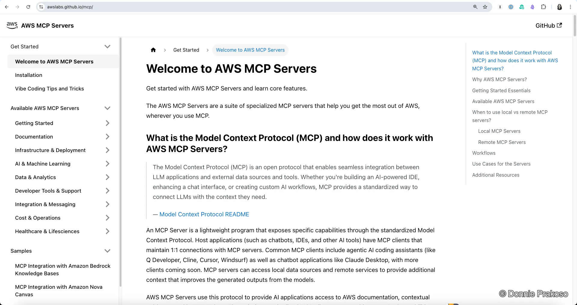 AWS MCP Servers website showing available MCP server options