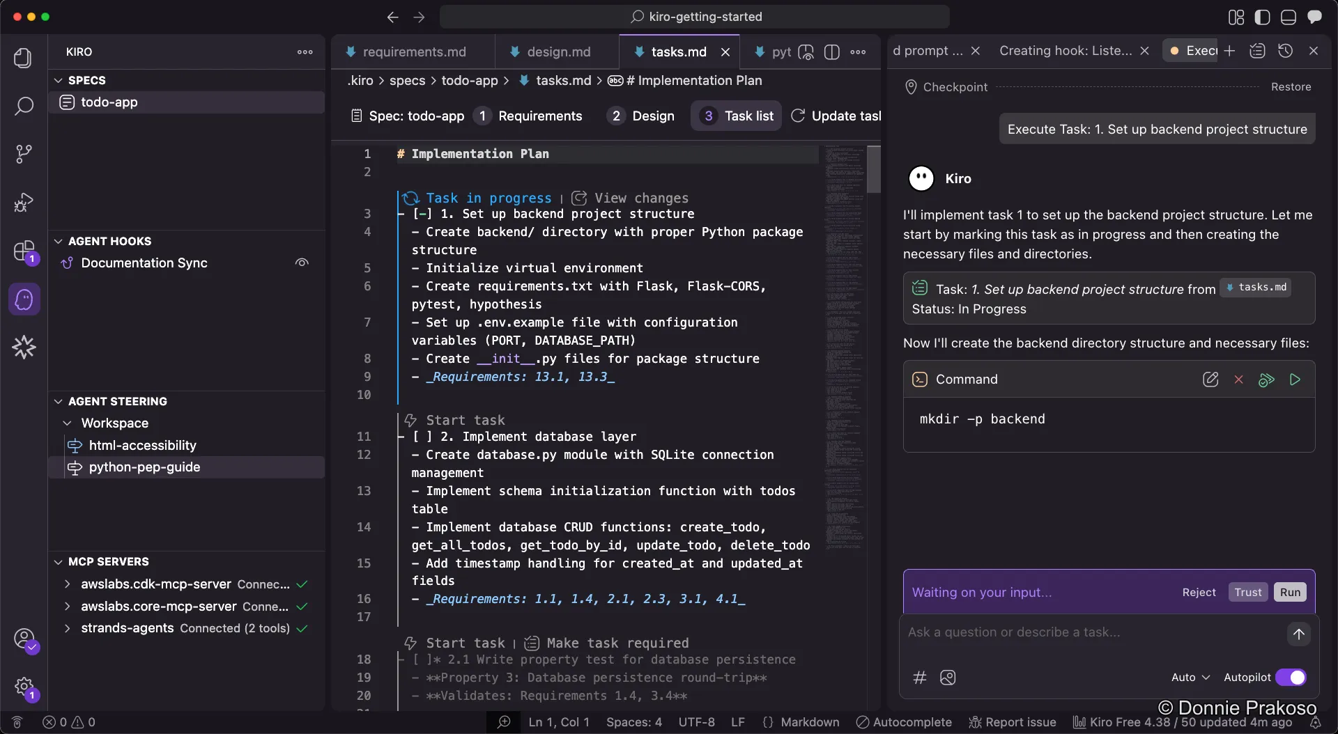 Starting the first task in the task list