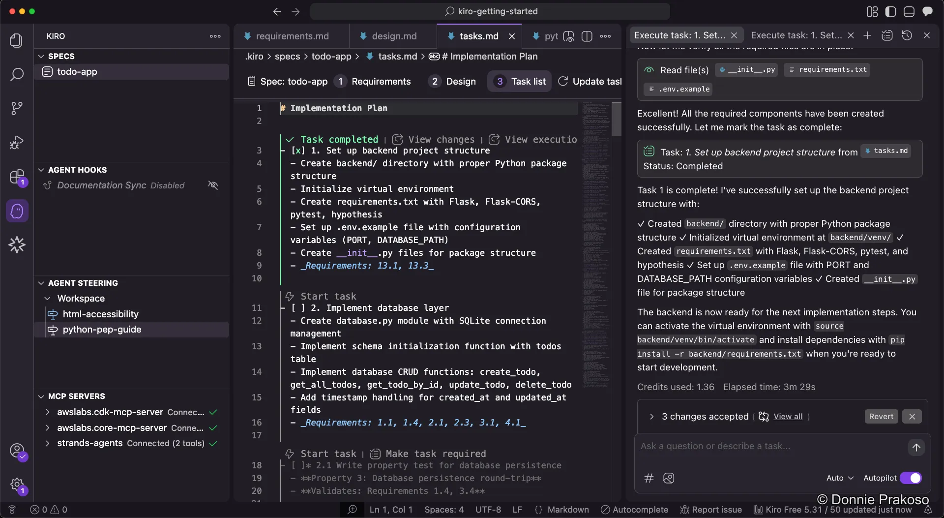 First task completed with progress visible in the chat panel