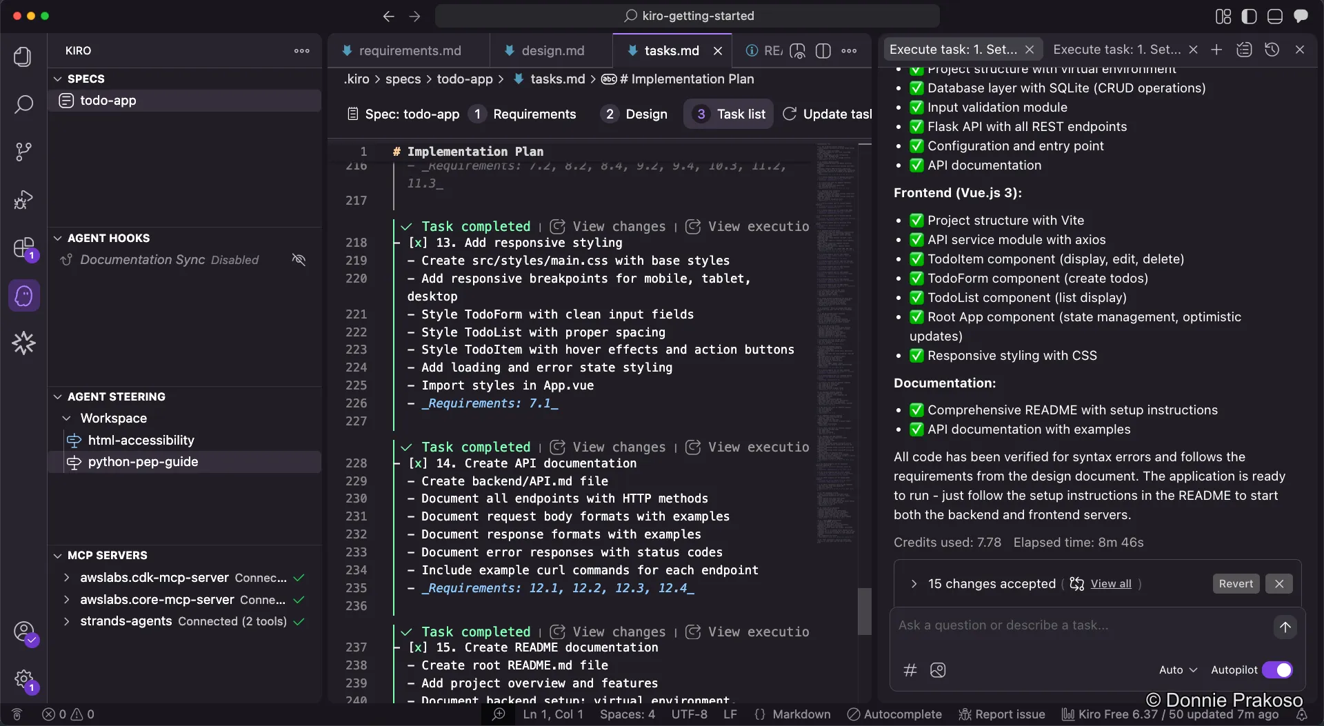 All tasks completed with verification status in the chat panel
