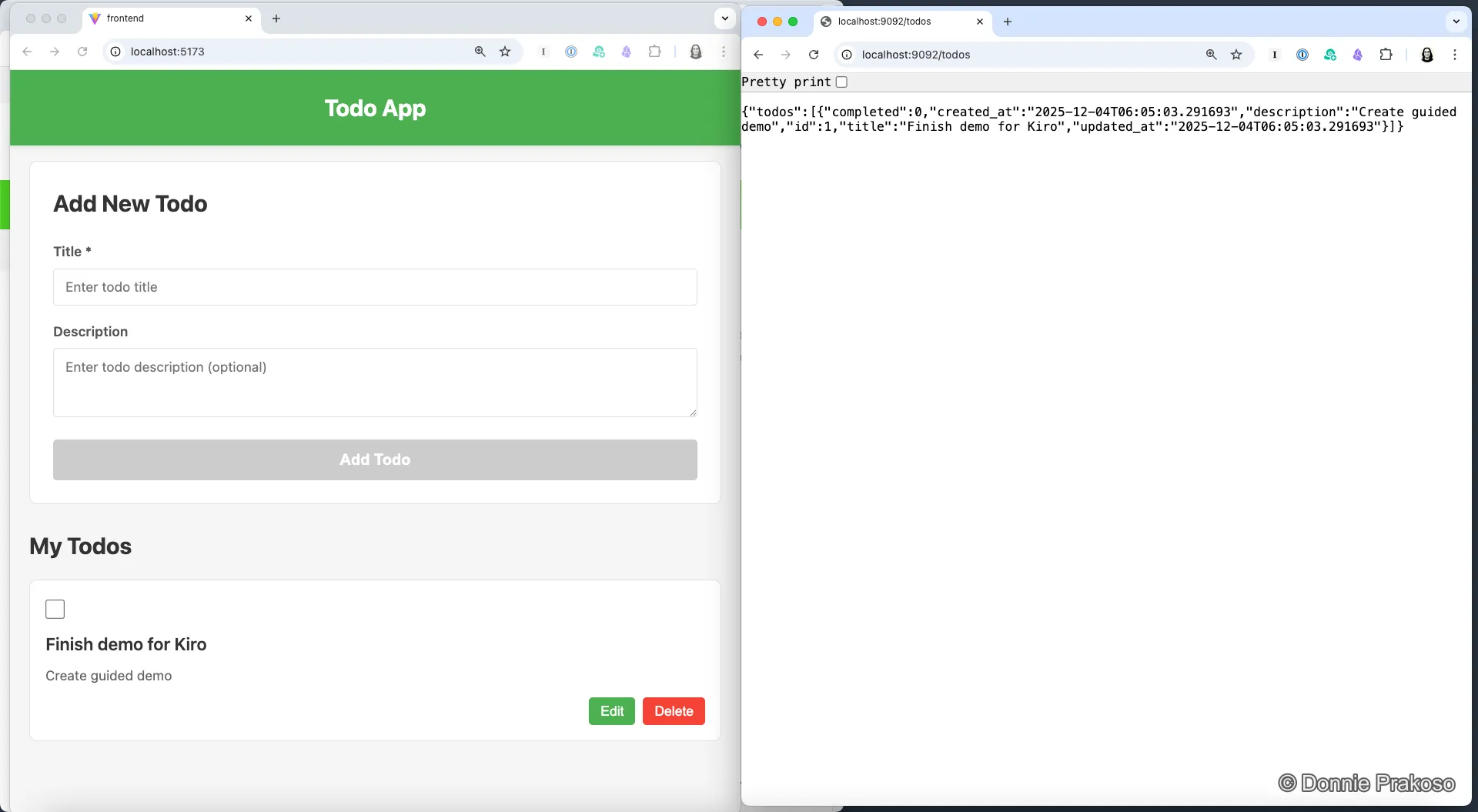 Testing the todo list application by adding a new item