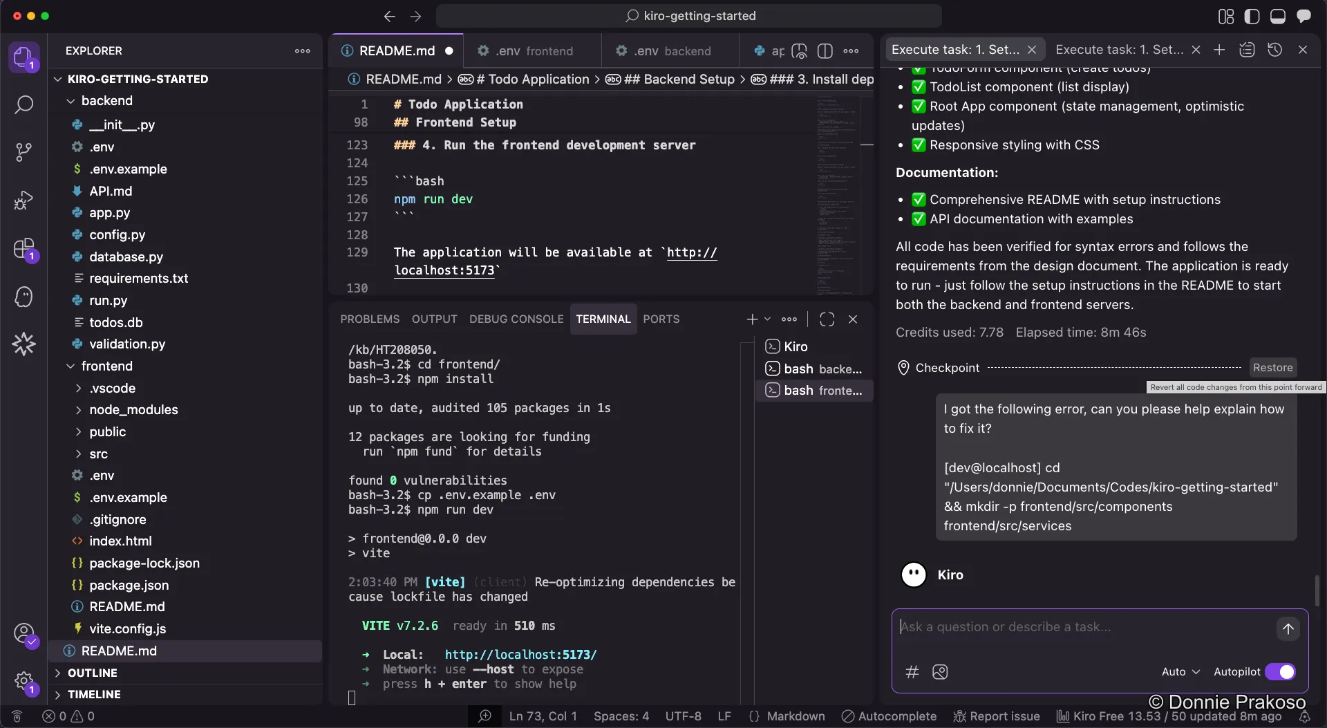 Kiro chat showing an issue with options to fix or restore using checkpointing