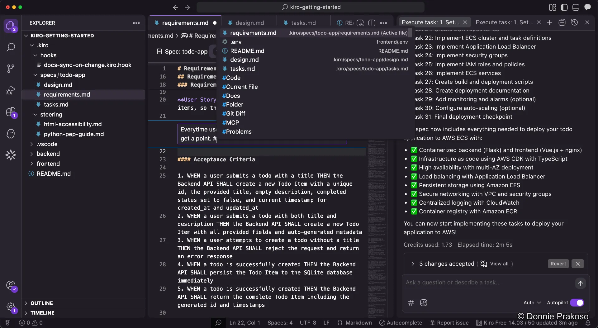 Using the # symbol for context autocomplete in Kiro chat